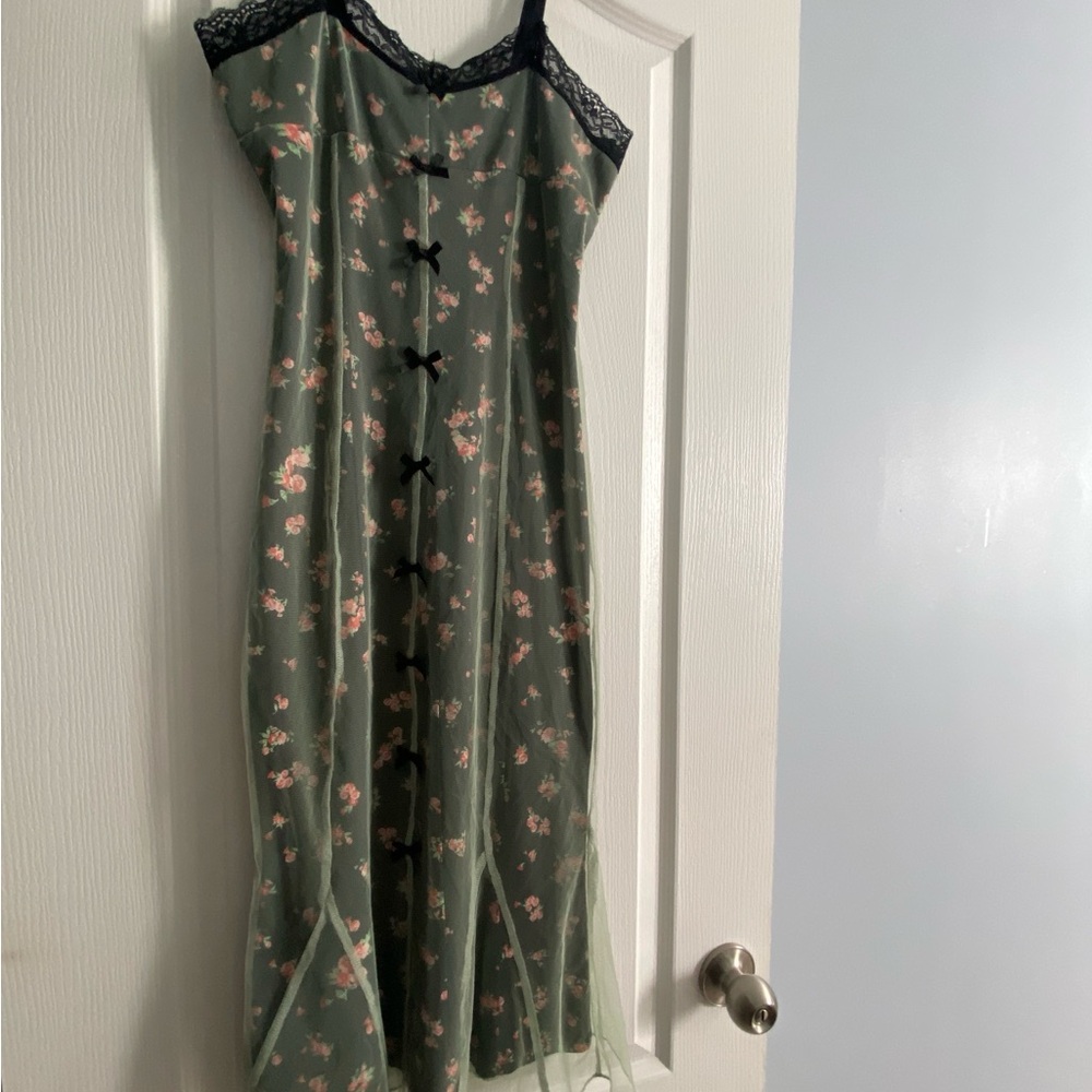 CIDER MESH FLORAL BOW LACE TRIM MIDI DRESS - Picture 8 of 16